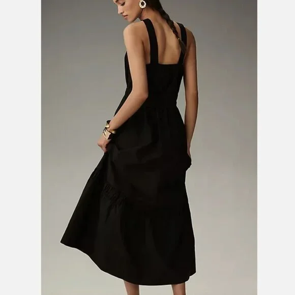 Anthropologie The Somerset Maxi Dress Poplin Halter Tiered Cotton Black 1X  NWT